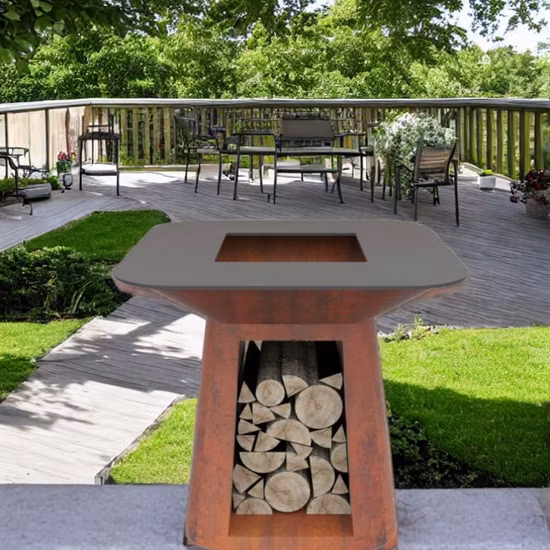 Corten Steel Fire Bowl Barbecue with Grill Ring/Cooking Ledge in Stainless Steel