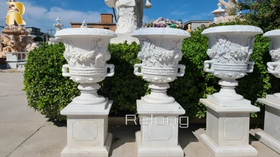 Natural mão esculpida pedra de mármore branco plantador jardim ao ar livre vaso de mármore atacadista